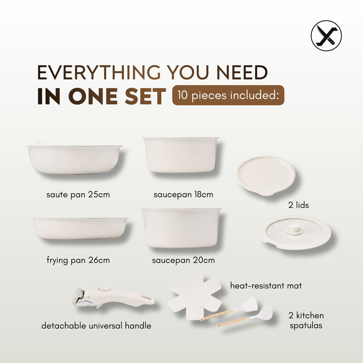 10-Piece Ceramic Non-Stick Cookware Set – Detachable Handle, Stackable, Induction & Oven Safe