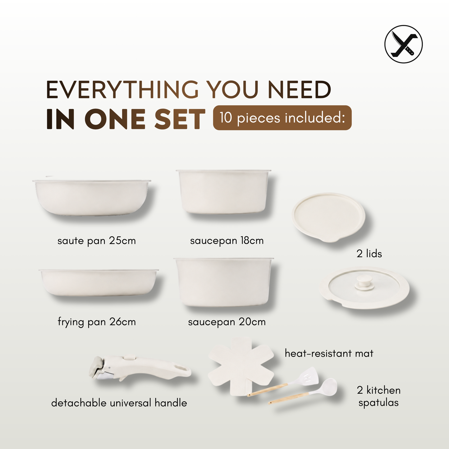 10-Piece Ceramic Non-Stick Cookware Set – Detachable Handle, Stackable, Induction & Oven Safe