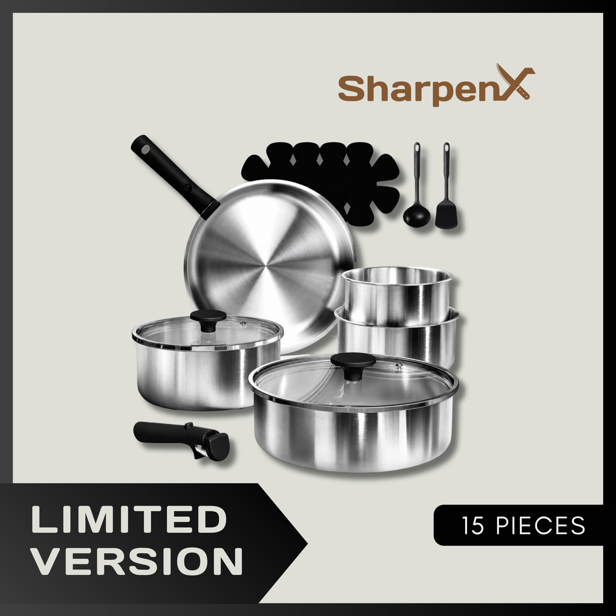 15-Piece Stainless Steel Cookware Set – Pots and Pans with Detachable Handle, Induction Ready