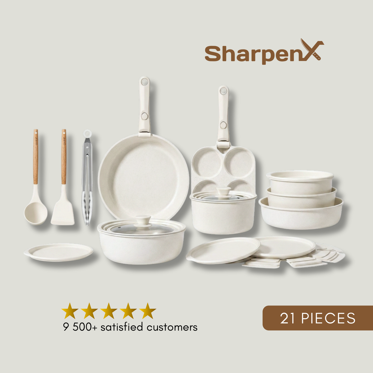 21-Piece Ceramic Non-Stick Cookware Set – Complete Pots and Pans Set, Induction Ready, Stackable