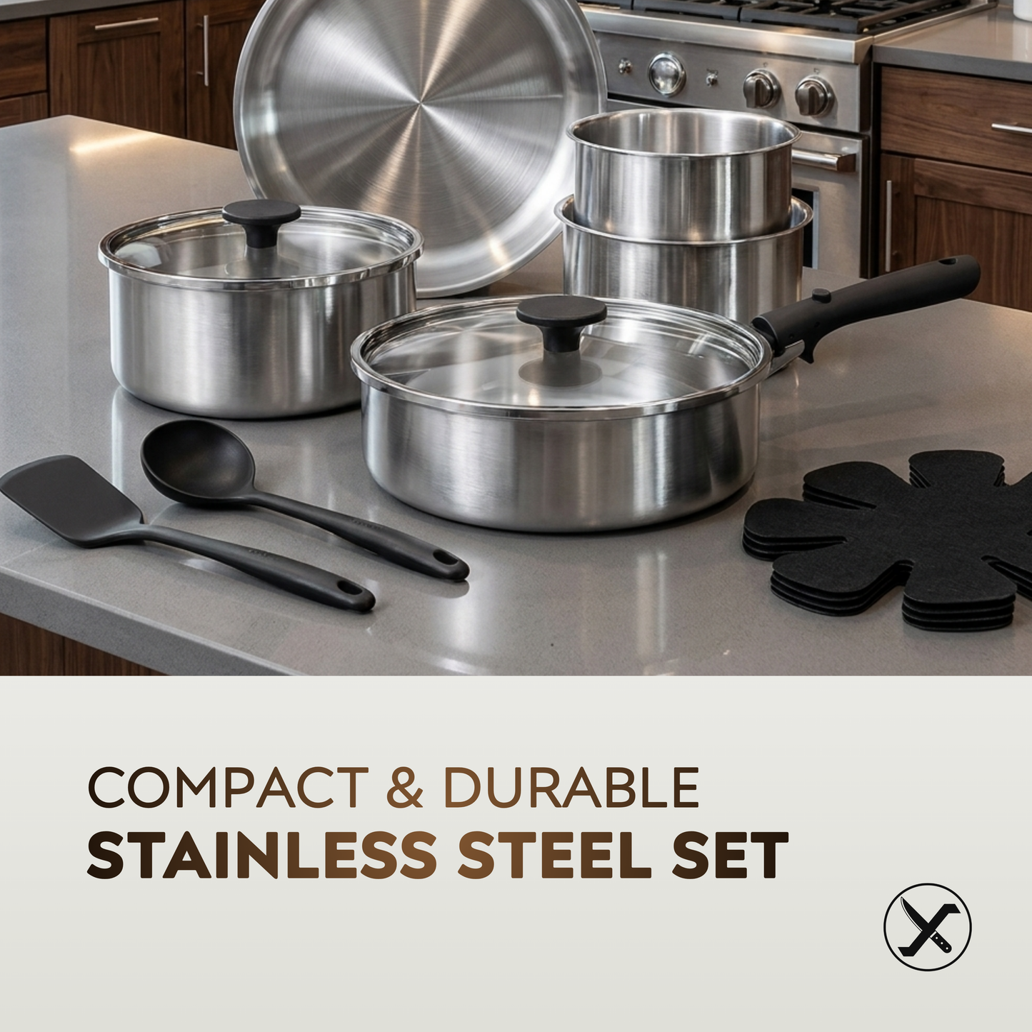 15-Piece Stainless Steel Cookware Set – Pots and Pans with Detachable Handle, Induction Ready