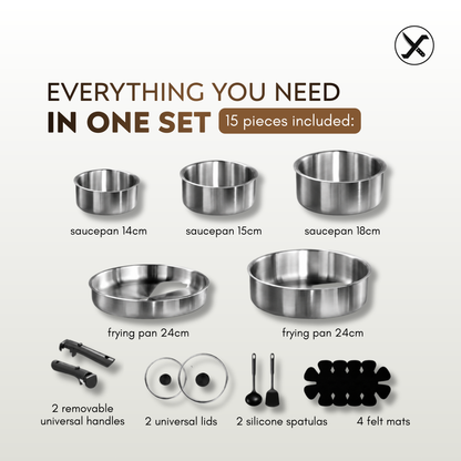 15-Piece Stainless Steel Cookware Set – Pots and Pans with Detachable Handle, Induction Ready