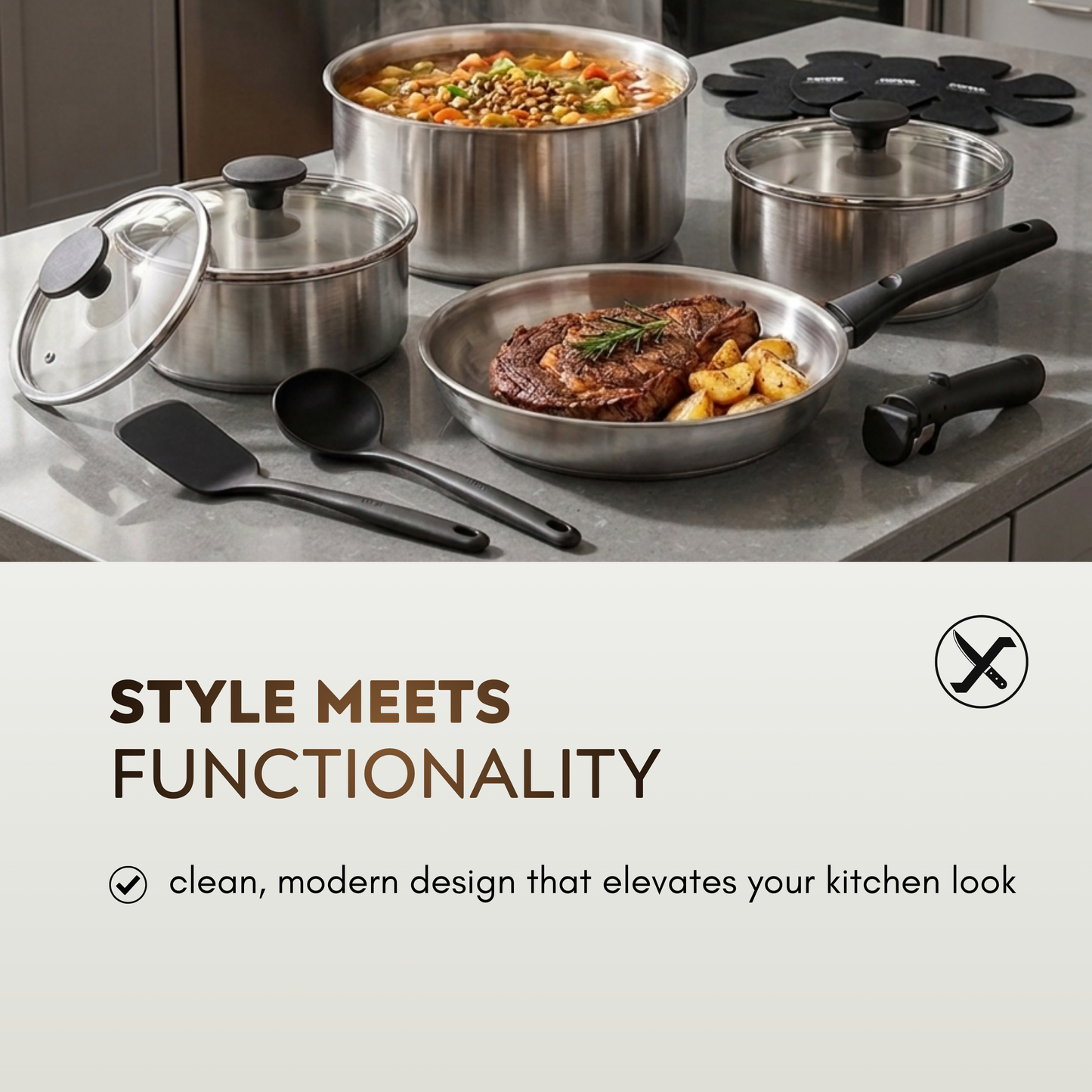15-Piece Stainless Steel Cookware Set – Pots and Pans with Detachable Handle, Induction Ready