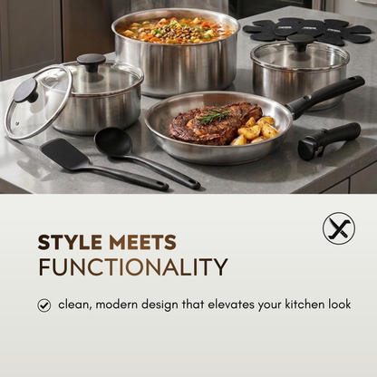 15-Piece Stainless Steel Cookware Set – Pots and Pans with Detachable Handle, Induction Ready