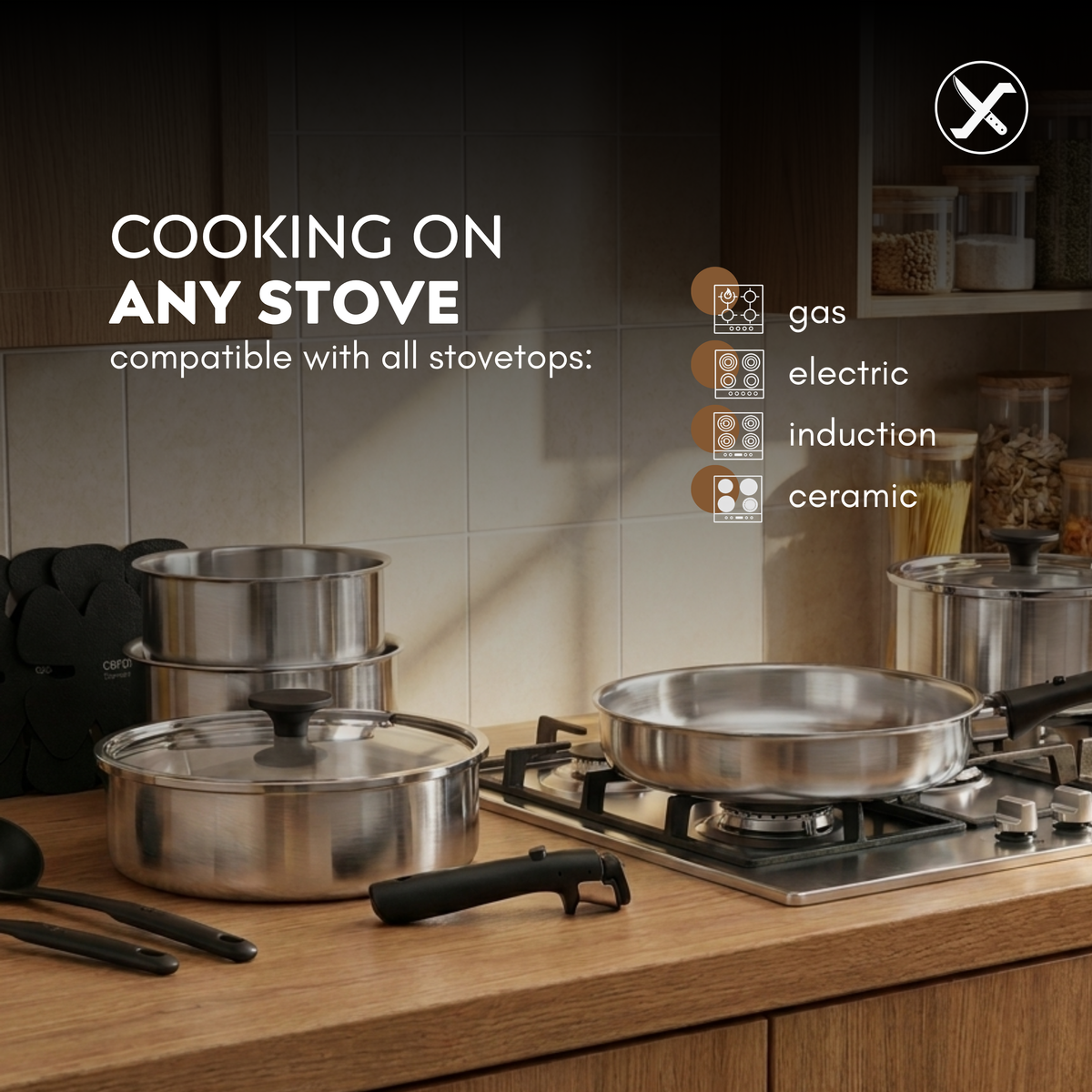 15-Piece Stainless Steel Cookware Set – Pots and Pans with Detachable Handle, Induction Ready