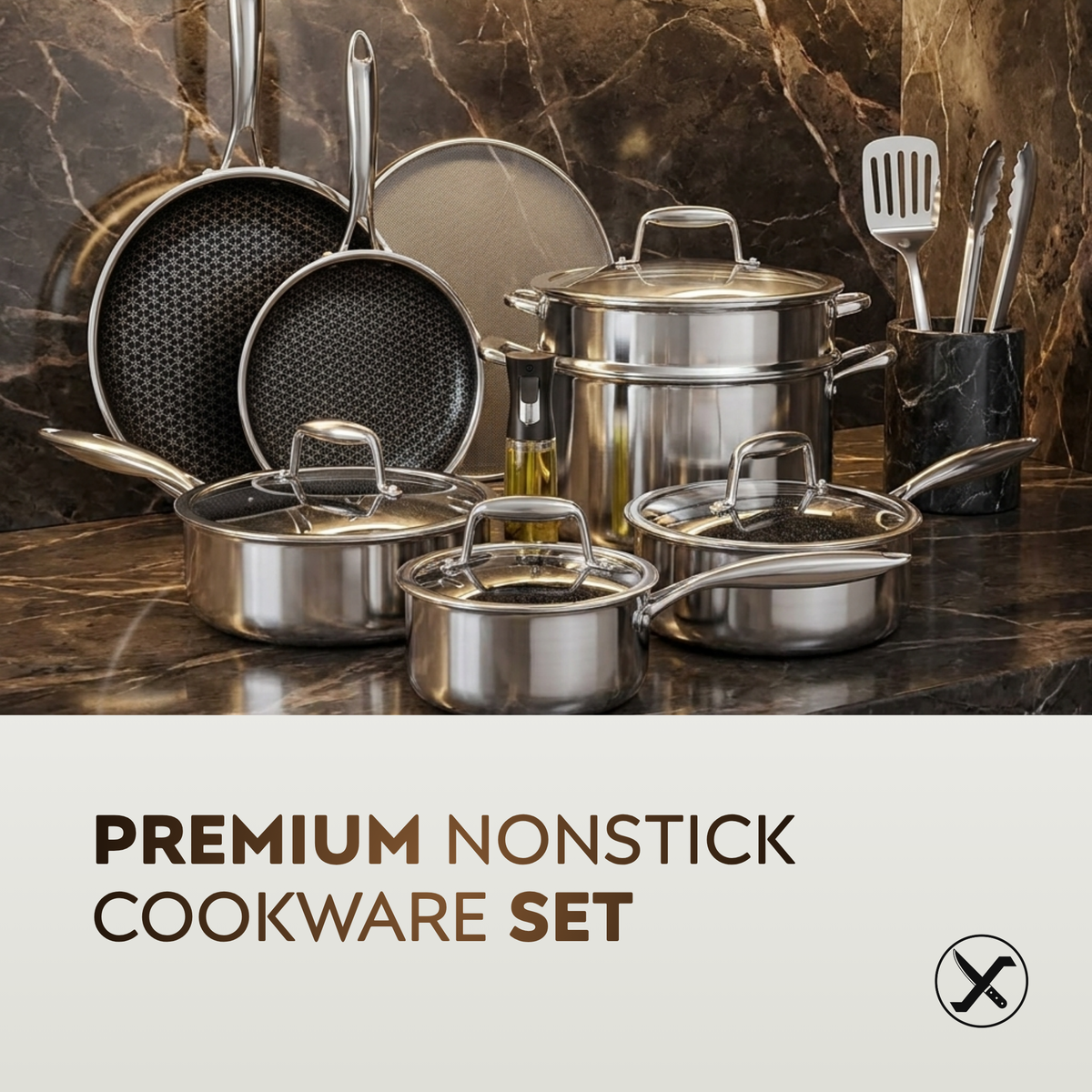 14-Piece Hybrid Stainless Steel Cookware Set – Non-Stick Tri-Ply, Induction Ready, Oven Safe