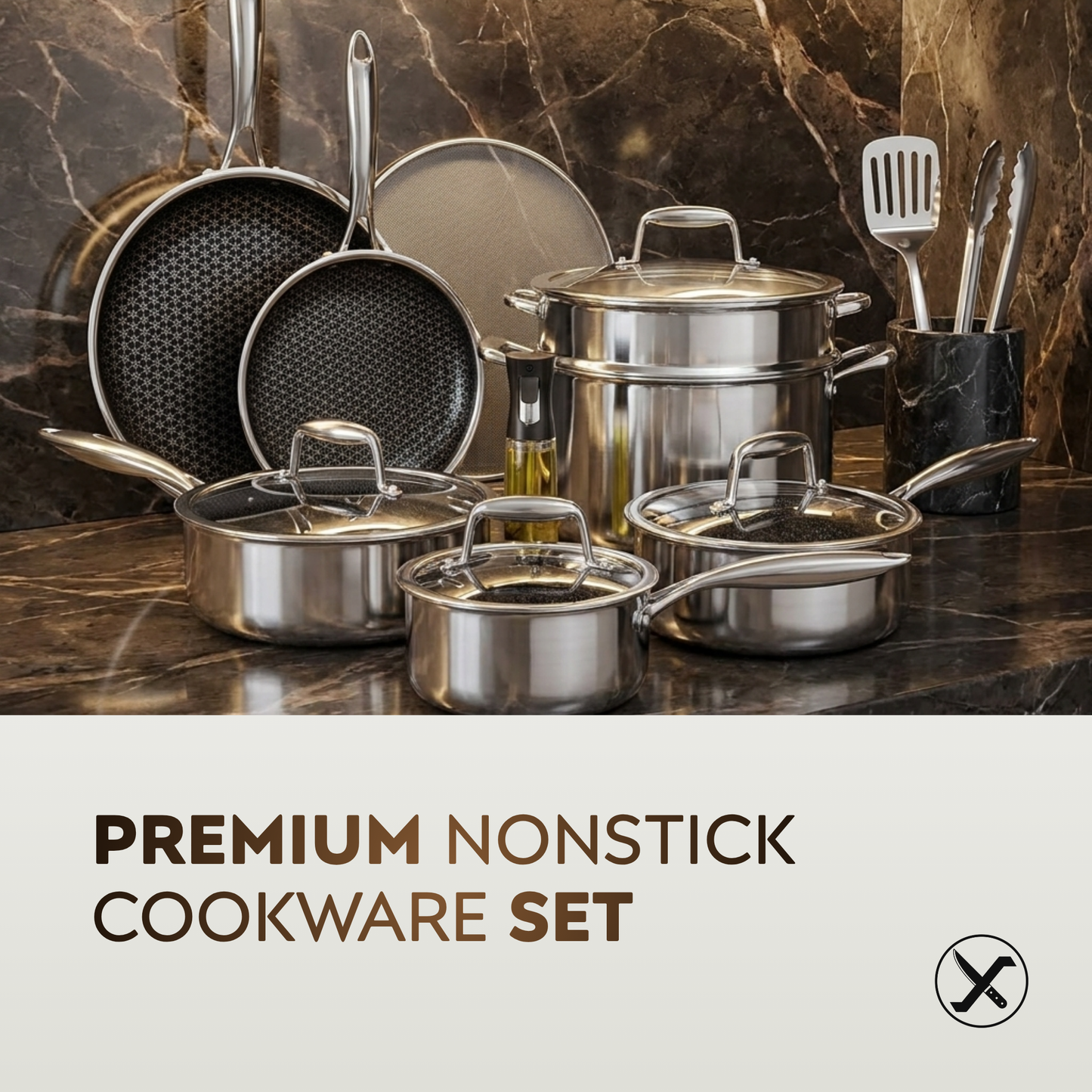 14-Piece Hybrid Stainless Steel Cookware Set – Non-Stick Tri-Ply, Induction Ready, Oven Safe