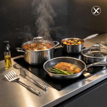 14-Piece Hybrid Stainless Steel Cookware Set – Non-Stick Tri-Ply, Induction Ready, Oven Safe