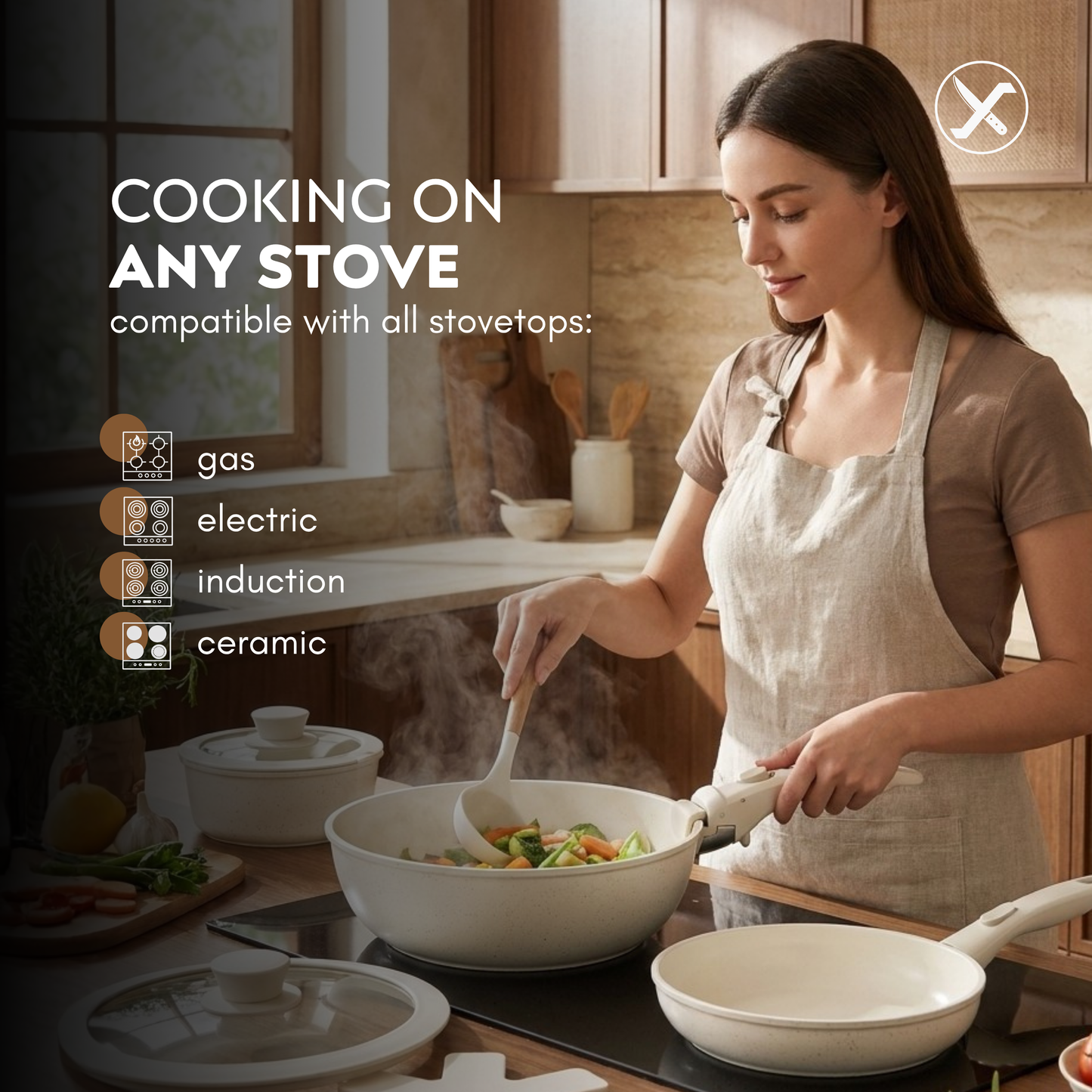 10-Piece Ceramic Non-Stick Cookware Set – Detachable Handle, Stackable, Induction & Oven Safe