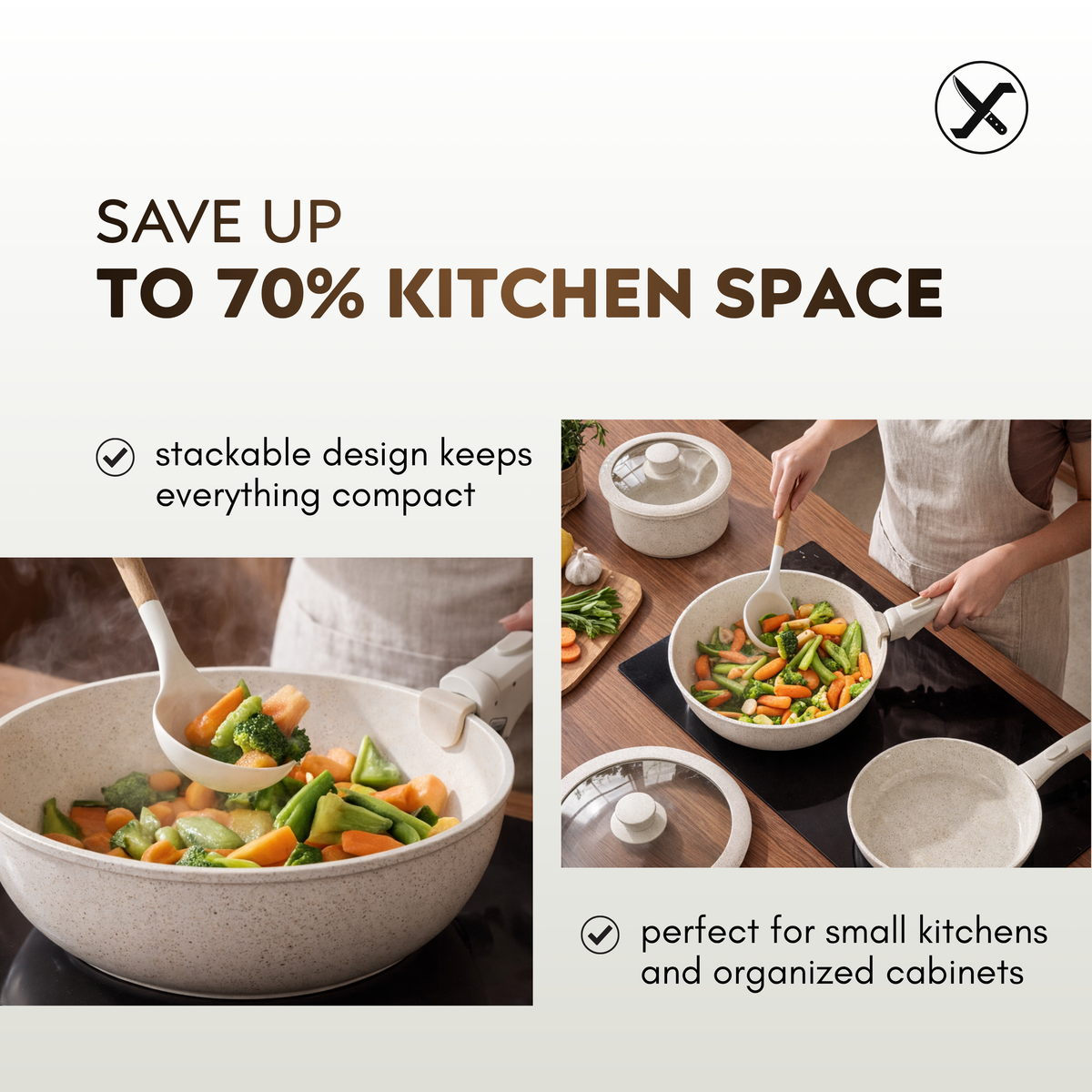 10-Piece Ceramic Non-Stick Cookware Set – Detachable Handle, Stackable, Induction & Oven Safe
