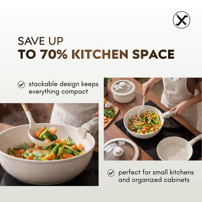 10-Piece Ceramic Non-Stick Cookware Set – Detachable Handle, Stackable, Induction & Oven Safe